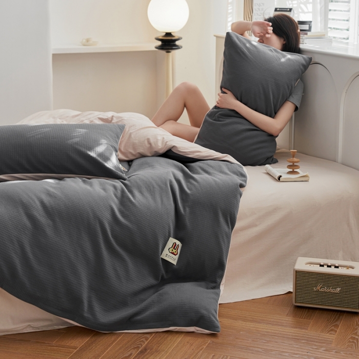 91家纺网 家纺一手货源 找家纺 安莱生活 2023年新品华夫格双面提花针织四件套 华夫格针织-印月