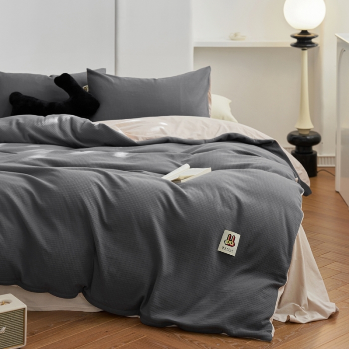 91家纺网 家纺一手货源 找家纺 安莱生活 2023年新品华夫格双面提花针织四件套 华夫格针织-印月