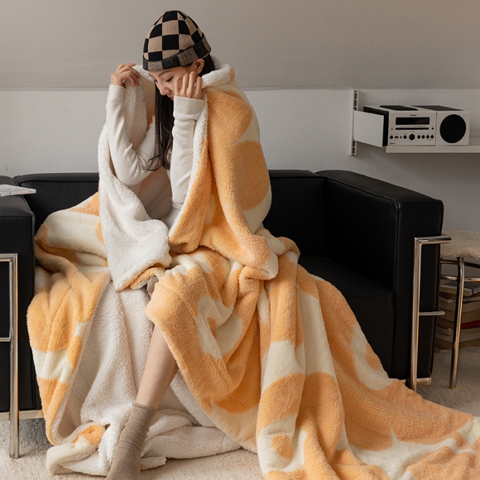 91家纺网 家纺一手货源 找家纺 安莱生活 2023新品专版锦芙绒太阳花毛毯 暖暖浅橘