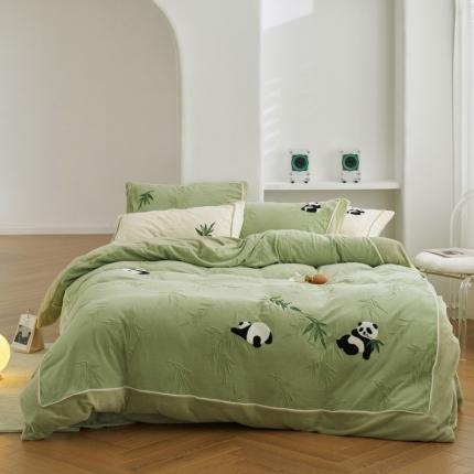 91家纺网 家纺一手货源 找家纺 安莱生活2023专版锦芙牛奶绒毛巾绣四件套-情绪熊猫款-清新自然光风格 情绪熊猫-绿竹