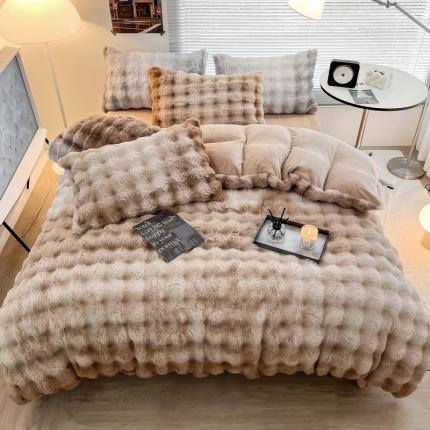 91家纺网 家纺一手货源 找家纺 金爱家 2023新款七彩大泡泡兔兔绒兔毛绒四件套 七彩咖