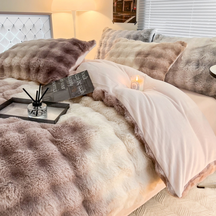 91家纺网 家纺一手货源 找家纺 (总) 金爱家 2023新款七彩大泡泡兔兔绒兔毛绒四件套