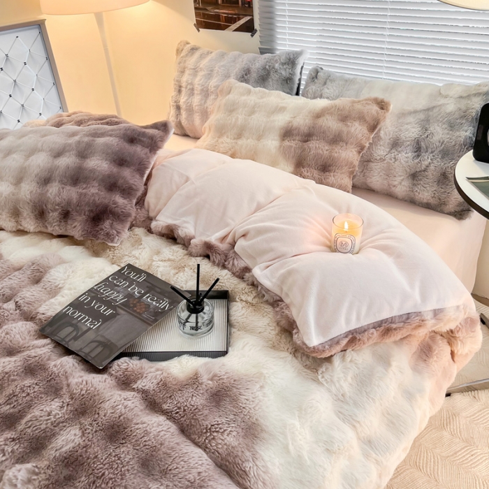 91家纺网 家纺一手货源 找家纺 (总) 金爱家 2023新款七彩大泡泡兔兔绒兔毛绒四件套