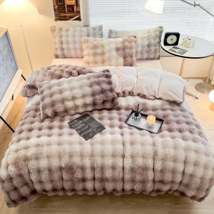 金爱家 2023新款七彩大泡泡兔兔绒兔毛绒四件套 七彩豆沙