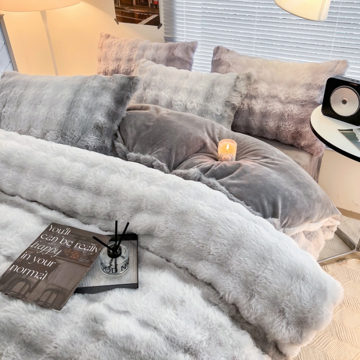 91家纺网 家纺一手货源 找家纺 金爱家 2023新款七彩大泡泡兔兔绒兔毛绒四件套 七彩灰