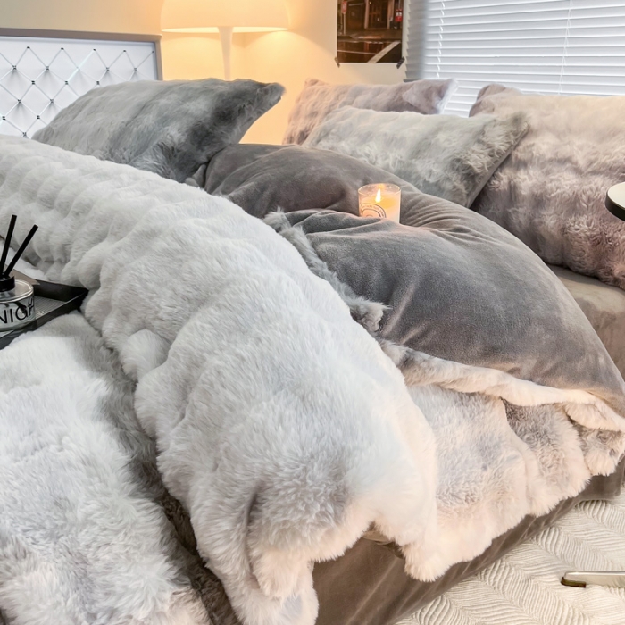 91家纺网 家纺一手货源 找家纺 金爱家 2023新款七彩大泡泡兔兔绒兔毛绒四件套 七彩灰