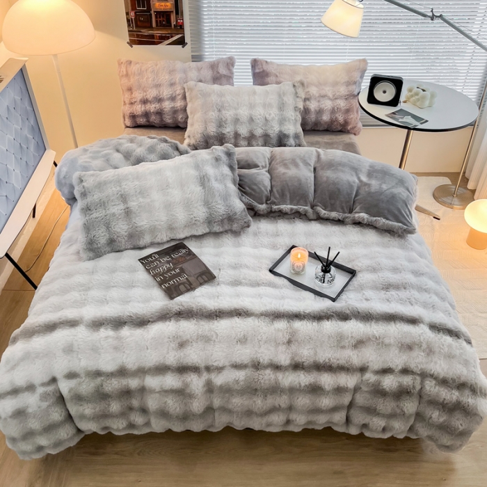 91家纺网 家纺一手货源 找家纺 金爱家 2023新款七彩大泡泡兔兔绒兔毛绒四件套 七彩灰