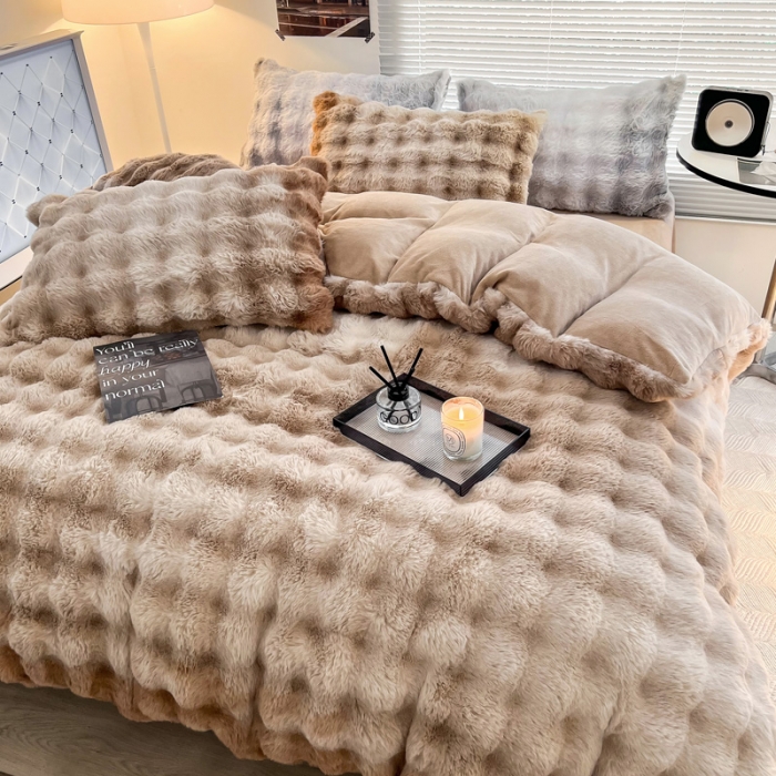 91家纺网 家纺一手货源 找家纺 金爱家 2023新款七彩大泡泡兔兔绒兔毛绒四件套 七彩咖