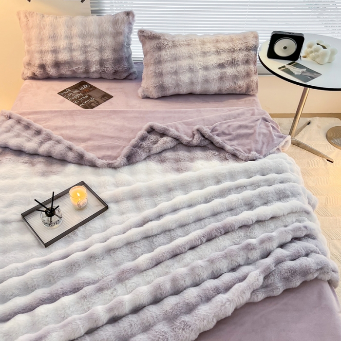 91家纺网 家纺一手货源 找家纺 金爱家 2023新款七彩大泡泡兔兔绒兔毛绒四件套 七彩紫