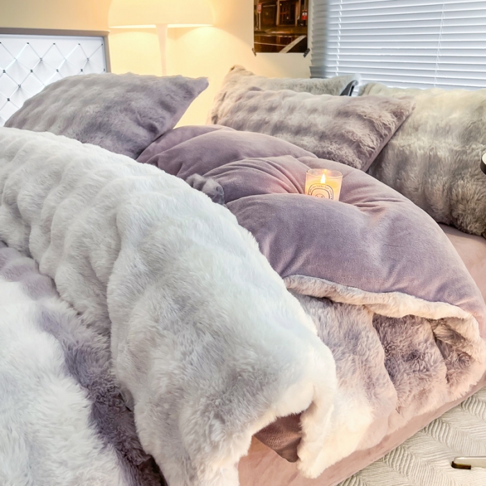 91家纺网 家纺一手货源 找家纺 金爱家 2023新款七彩大泡泡兔兔绒兔毛绒四件套 七彩紫