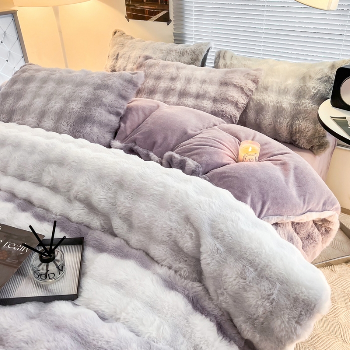 91家纺网 家纺一手货源 找家纺 金爱家 2023新款七彩大泡泡兔兔绒兔毛绒四件套 七彩紫