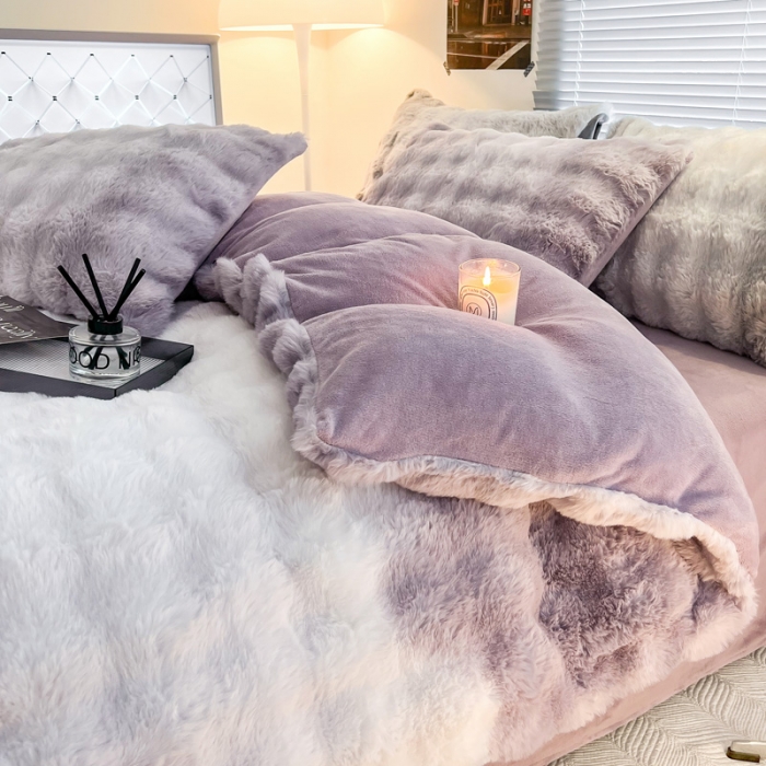 91家纺网 家纺一手货源 找家纺 金爱家 2023新款七彩大泡泡兔兔绒兔毛绒四件套 七彩紫