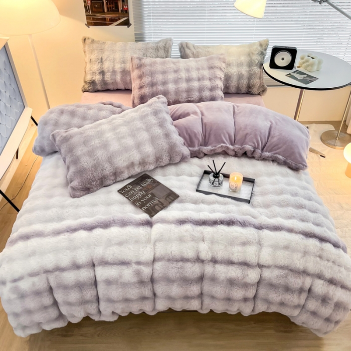 91家纺网 家纺一手货源 找家纺 金爱家 2023新款七彩大泡泡兔兔绒兔毛绒四件套 七彩紫