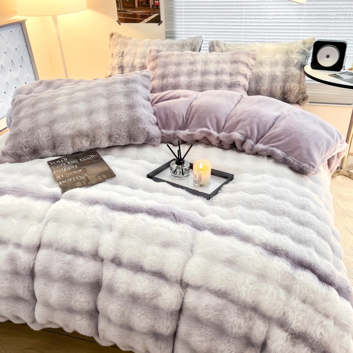 91家纺网 家纺一手货源 找家纺 金爱家 2023新款七彩大泡泡兔兔绒兔毛绒四件套 七彩紫