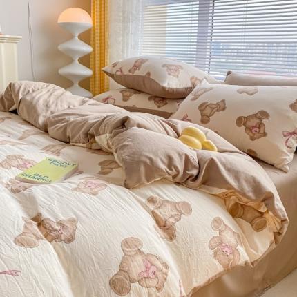91家纺网 家纺一手货源 找家纺 玉海棠 2023新款水洗棉印花四件套 童话小熊
