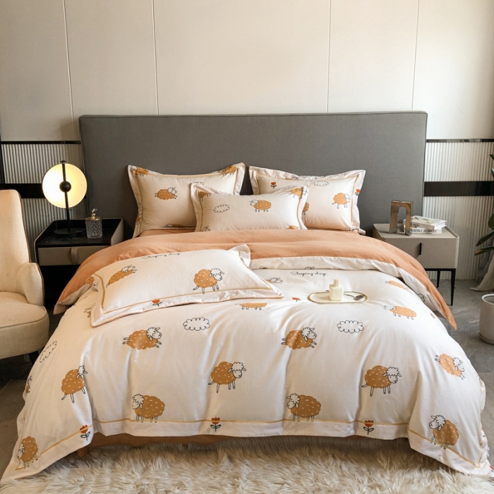 91家纺网 家纺一手货源 找家纺 大宽边A纯棉B牛奶绒四件套133*72全棉加绒法兰宝宝兔绒水晶 小绵羊