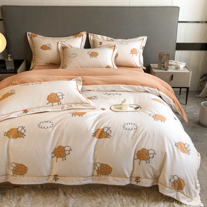 91家纺网 家纺一手货源 找家纺 大宽边A纯棉B牛奶绒四件套133*72全棉加绒法兰宝宝兔绒水晶 小绵羊