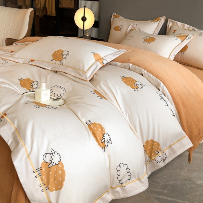 91家纺网 家纺一手货源 找家纺 大宽边A纯棉B牛奶绒四件套133*72全棉加绒法兰宝宝兔绒水晶 小绵羊
