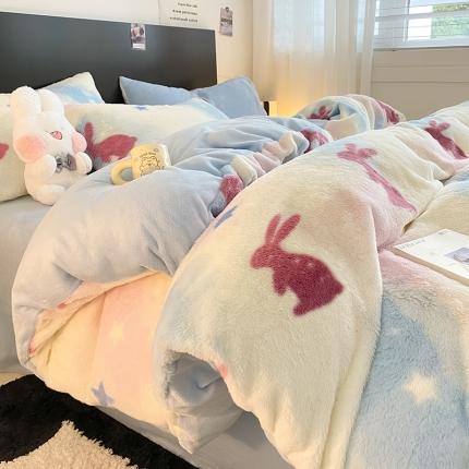 91家纺网 家纺一手货源 找家纺 A类ins高克重320克简约渐变印花兔毛绒暖绒加厚牛奶绒系列四件套 绒兔毛-贝拉兔