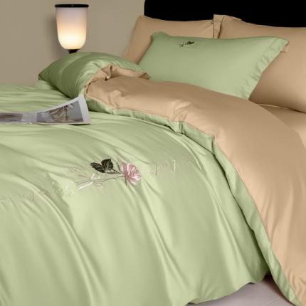 91家纺网 家纺一手货源 找家纺 60支贡缎简约纯色四件套纯棉全棉轻奢刺绣玫瑰花被套床单高级感床笠款 茱萸粉2B%丁香