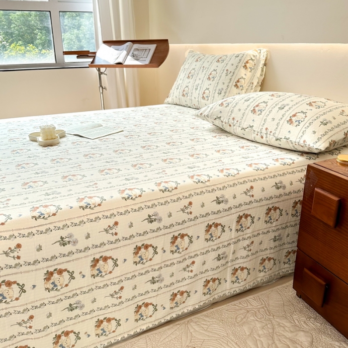 91家纺网 家纺一手货源 找家纺 火星时代 2023新款A类有氧提花小竺棉床单水洗棉粗布床单三件套 彩环熊