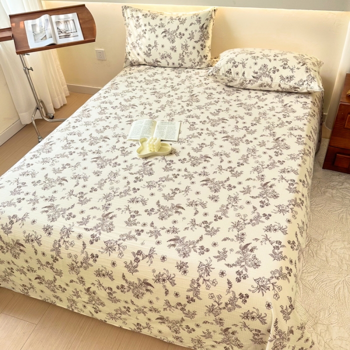 91家纺网 家纺一手货源 找家纺 火星时代 2023新款A类有氧提花小竺棉床单水洗棉粗布床单三件套 花语