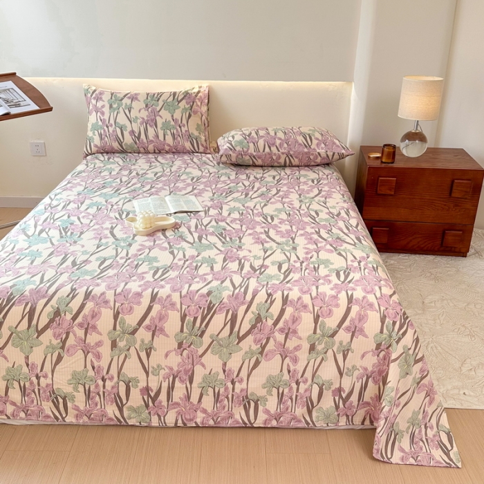 91家纺网 家纺一手货源 找家纺 火星时代 2023新款A类有氧提花小竺棉床单水洗棉粗布床单三件套 美人蕉