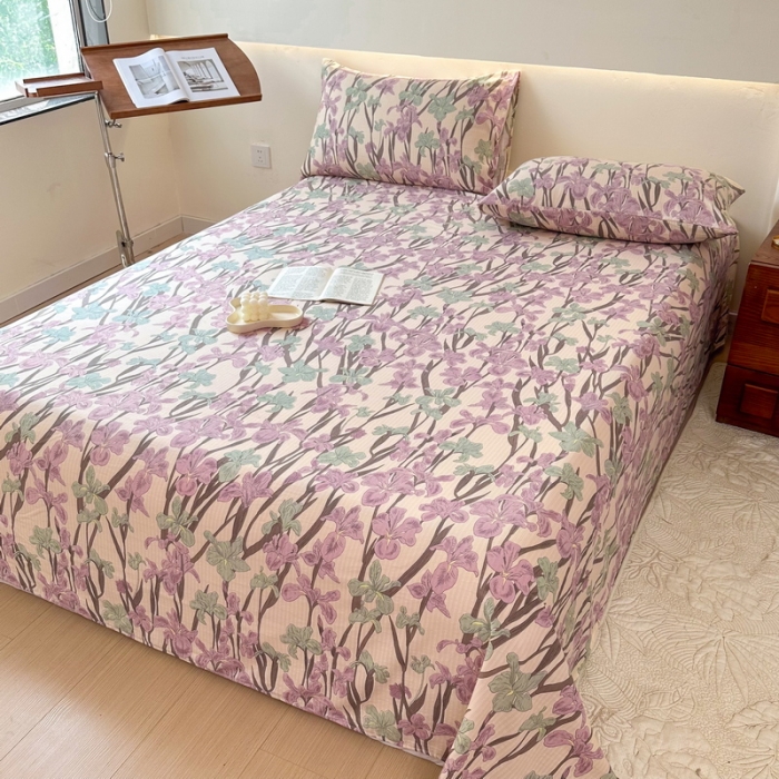 91家纺网 家纺一手货源 找家纺 火星时代 2023新款A类有氧提花小竺棉床单水洗棉粗布床单三件套 美人蕉