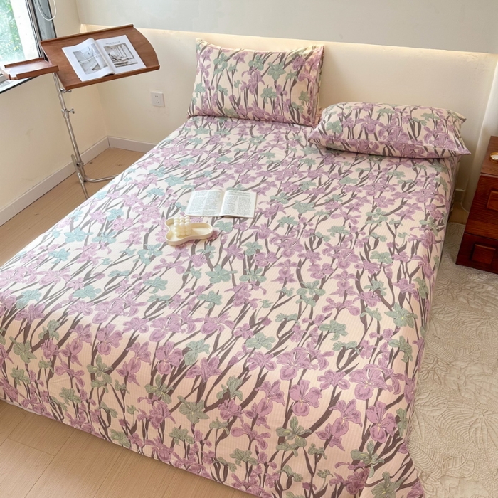 91家纺网 家纺一手货源 找家纺 火星时代 2023新款A类有氧提花小竺棉床单水洗棉粗布床单三件套 美人蕉