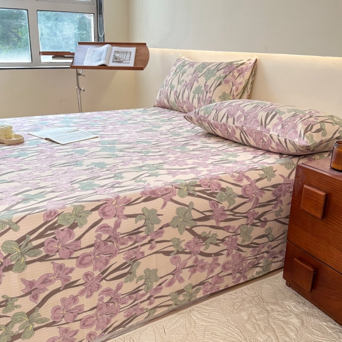 91家纺网 家纺一手货源 找家纺 火星时代 2023新款A类有氧提花小竺棉床单水洗棉粗布床单三件套 美人蕉