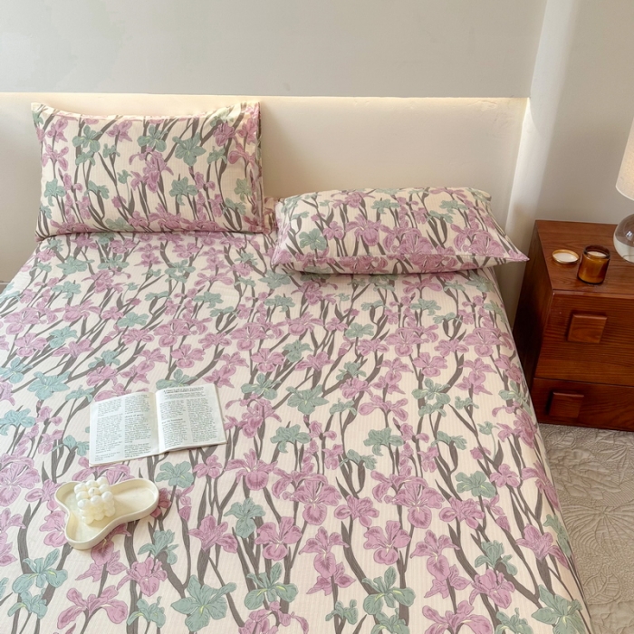 91家纺网 家纺一手货源 找家纺 火星时代 2023新款A类有氧提花小竺棉床单水洗棉粗布床单三件套 美人蕉