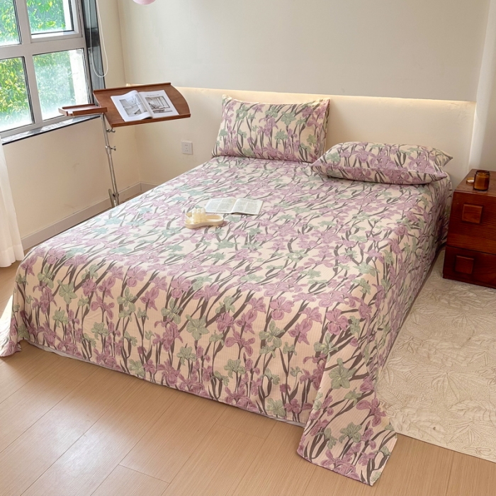 91家纺网 家纺一手货源 找家纺 火星时代 2023新款A类有氧提花小竺棉床单水洗棉粗布床单三件套 美人蕉