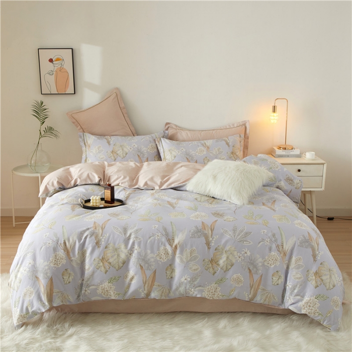 91家纺网 家纺一手货源 找家纺 沐白 2023全棉13376花卉条格系列印花四件套 铃兰花语-灰