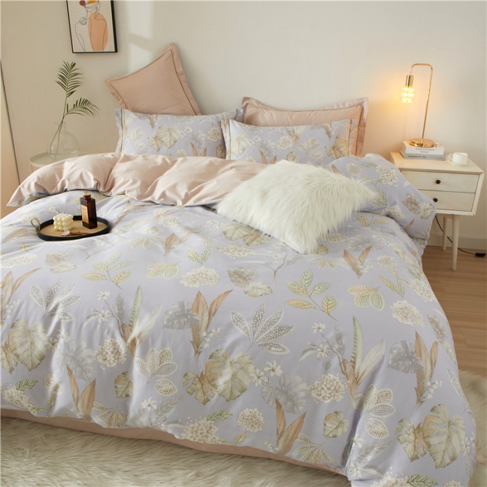 91家纺网 家纺一手货源 找家纺 沐白 2023全棉13376花卉条格系列印花四件套 铃兰花语-灰