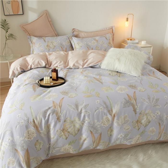 91家纺网 家纺一手货源 找家纺 沐白 2023全棉13376花卉条格系列印花四件套 铃兰花语-灰