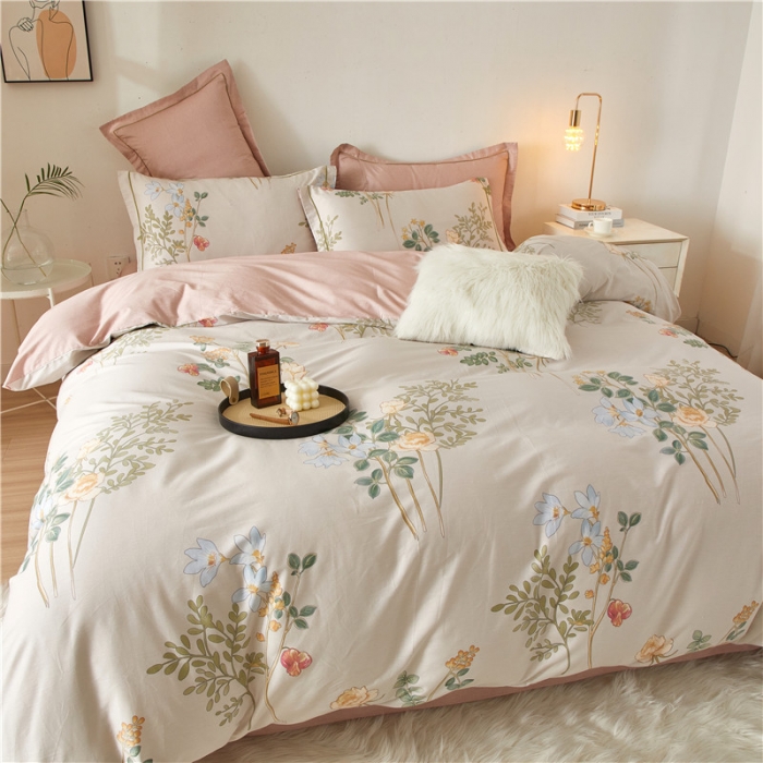 91家纺网 家纺一手货源 找家纺 沐白 2023全棉13376花卉条格系列印花四件套 木香