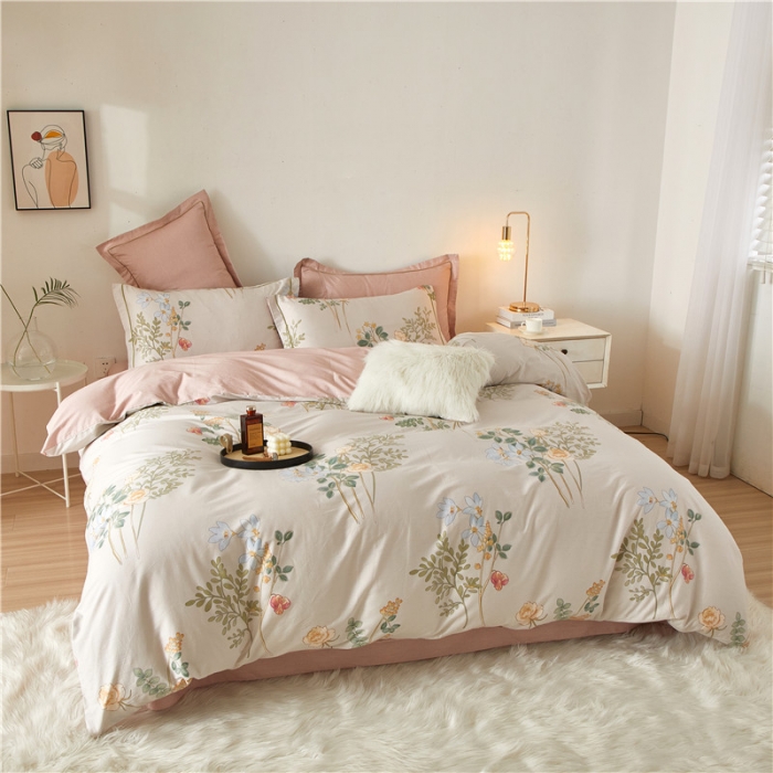 91家纺网 家纺一手货源 找家纺 沐白 2023全棉13376花卉条格系列印花四件套 木香