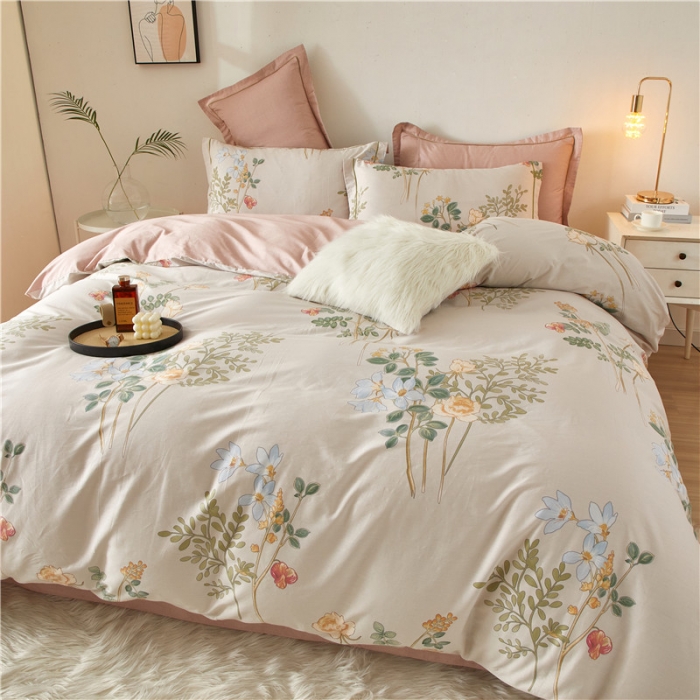 91家纺网 家纺一手货源 找家纺 沐白 2023全棉13376花卉条格系列印花四件套 木香