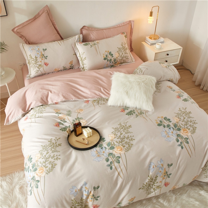 91家纺网 家纺一手货源 找家纺 沐白 2023全棉13376花卉条格系列印花四件套 木香