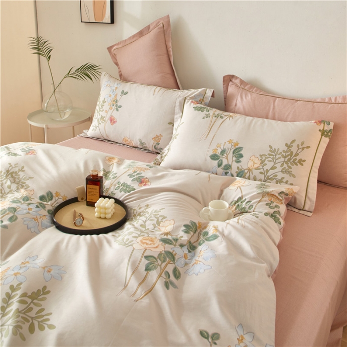 91家纺网 家纺一手货源 找家纺 沐白 2023全棉13376花卉条格系列印花四件套 木香