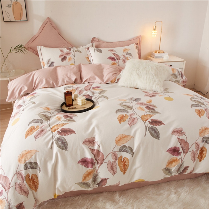 91家纺网 家纺一手货源 找家纺 沐白 2023全棉13376花卉条格系列印花四件套 秋荫