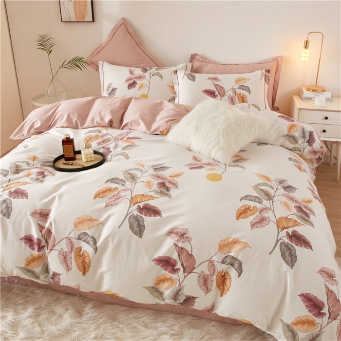 91家纺网 家纺一手货源 找家纺 沐白 2023全棉13376花卉条格系列印花四件套 秋荫