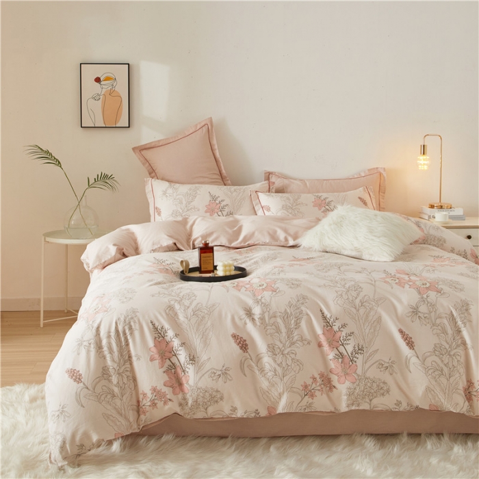 91家纺网 家纺一手货源 找家纺 沐白 2023全棉13376花卉条格系列印花四件套 香伊