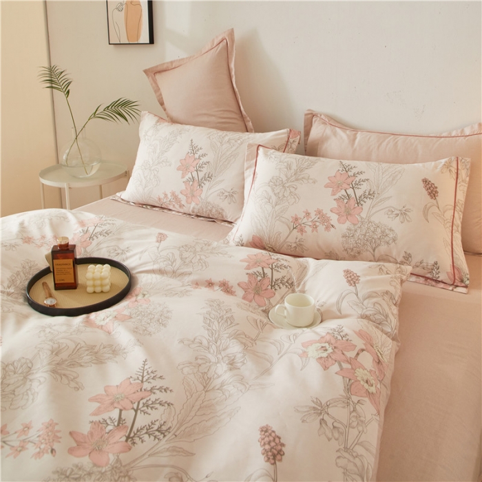 91家纺网 家纺一手货源 找家纺 沐白 2023全棉13376花卉条格系列印花四件套 香伊