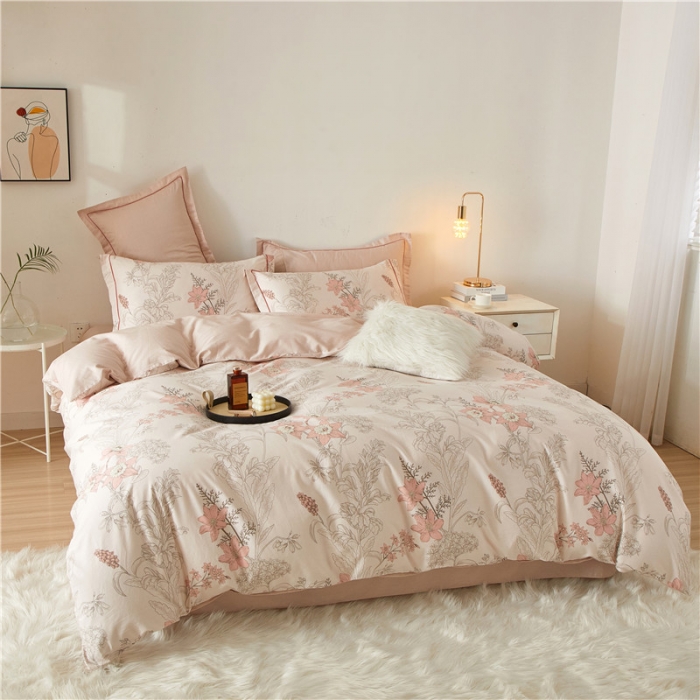 91家纺网 家纺一手货源 找家纺 沐白 2023全棉13376花卉条格系列印花四件套 香伊