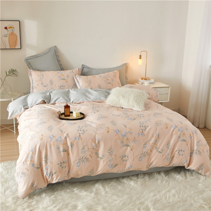 91家纺网 家纺一手货源 找家纺 沐白 2023全棉13376花卉条格系列印花四件套 小温婉-玉