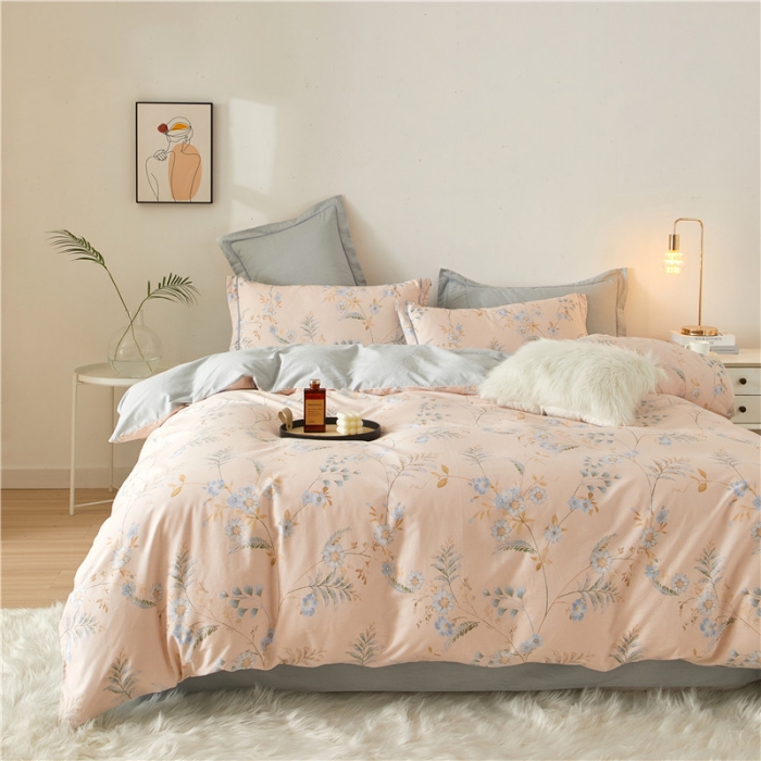 91家纺网 家纺一手货源 找家纺 沐白 2023全棉13376花卉条格系列印花四件套 小温婉-玉