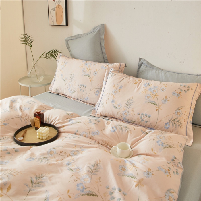 91家纺网 家纺一手货源 找家纺 沐白 2023全棉13376花卉条格系列印花四件套 小温婉-玉