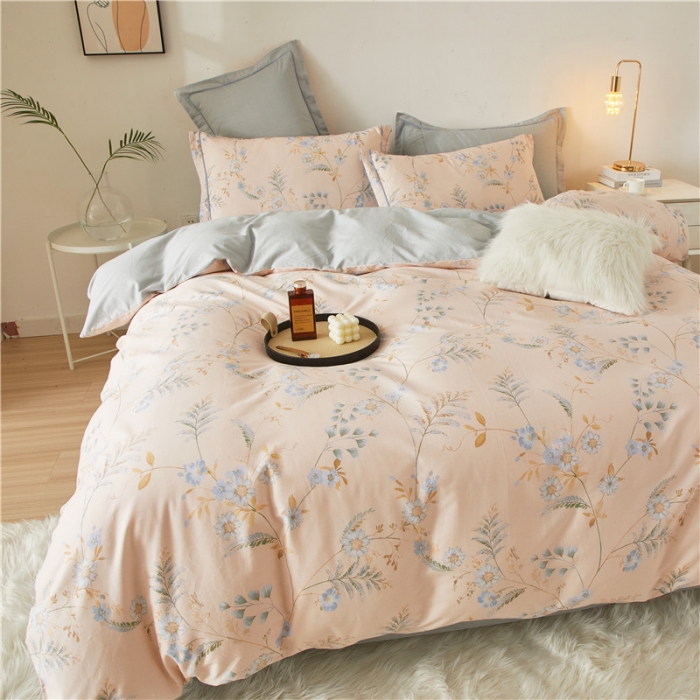 91家纺网 家纺一手货源 找家纺 沐白 2023全棉13376花卉条格系列印花四件套 小温婉-玉