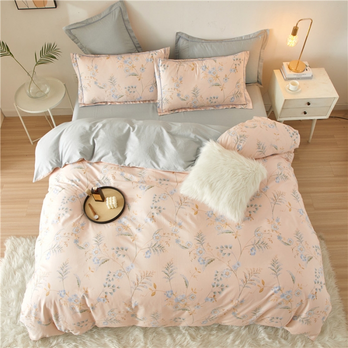 91家纺网 家纺一手货源 找家纺 沐白 2023全棉13376花卉条格系列印花四件套 小温婉-玉